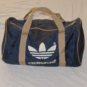 Vintage 80s Adidas Gym Duffle Travel Bag Blue Tan 1983 Made in Taiwan Trefoil